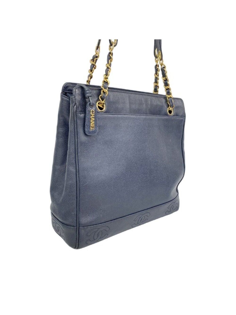Chanel Chain Tote Triple Coco Caviar Leather Navy Gold - Picture 2 of 10